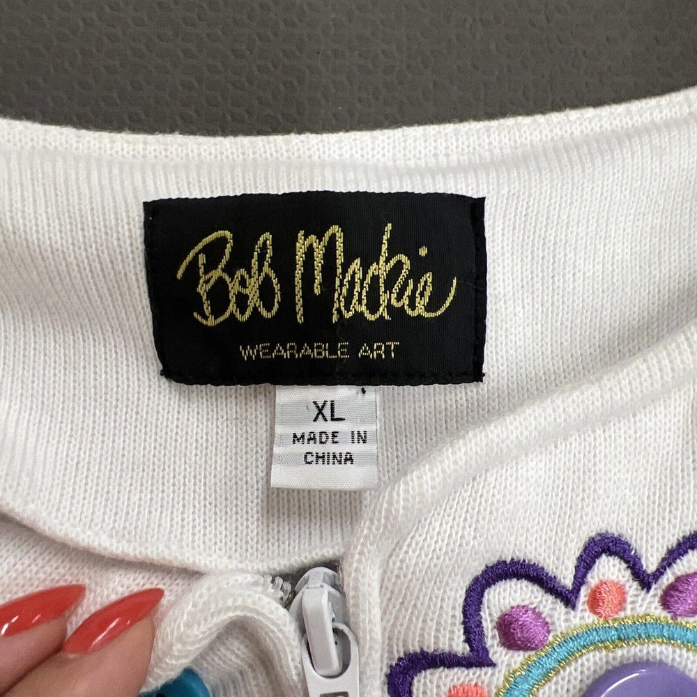 Bob Mackie Wearable Art MCM Themed Zip Up Sweater 100% Cotton XL White FS Chrty - Picture 8 of 11